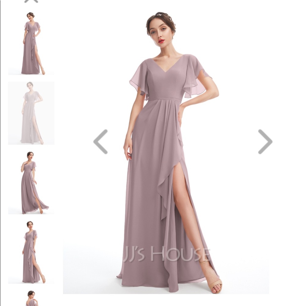 NEW- A line V-neck floorlength dress with ruffles split front